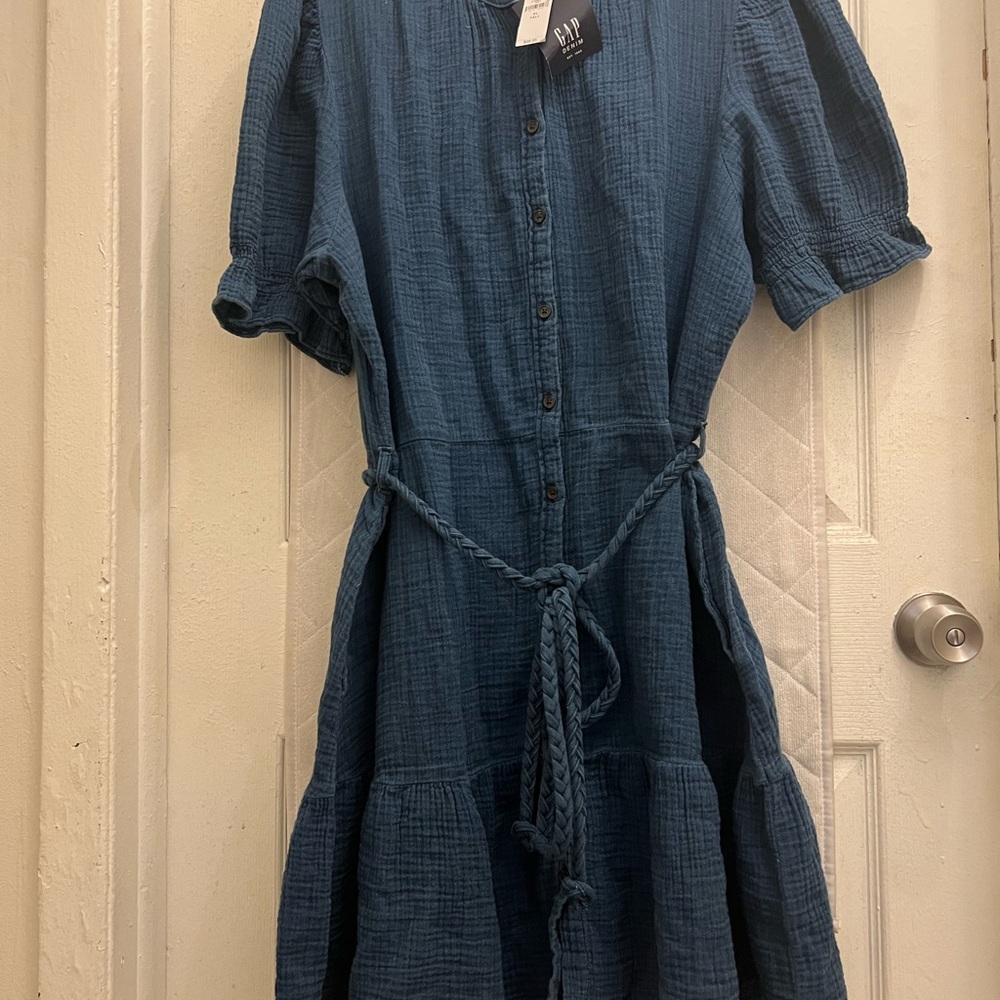GAP Blue Tiered Puff Sleeve Midi Dress